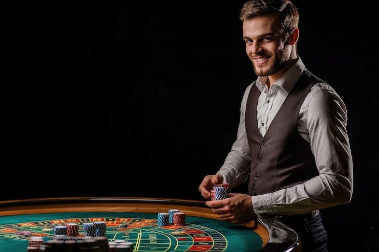 Antarmuka studio kasino langsung logam toto menampilkan meja roulette dan dealer profesional
